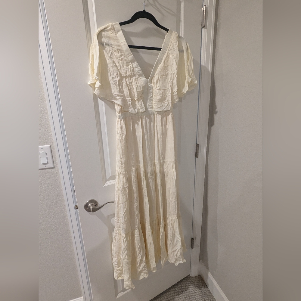 Showpo. Cream Ruffle Sleeve Tiered Midi Dress - Picture 2 of 3